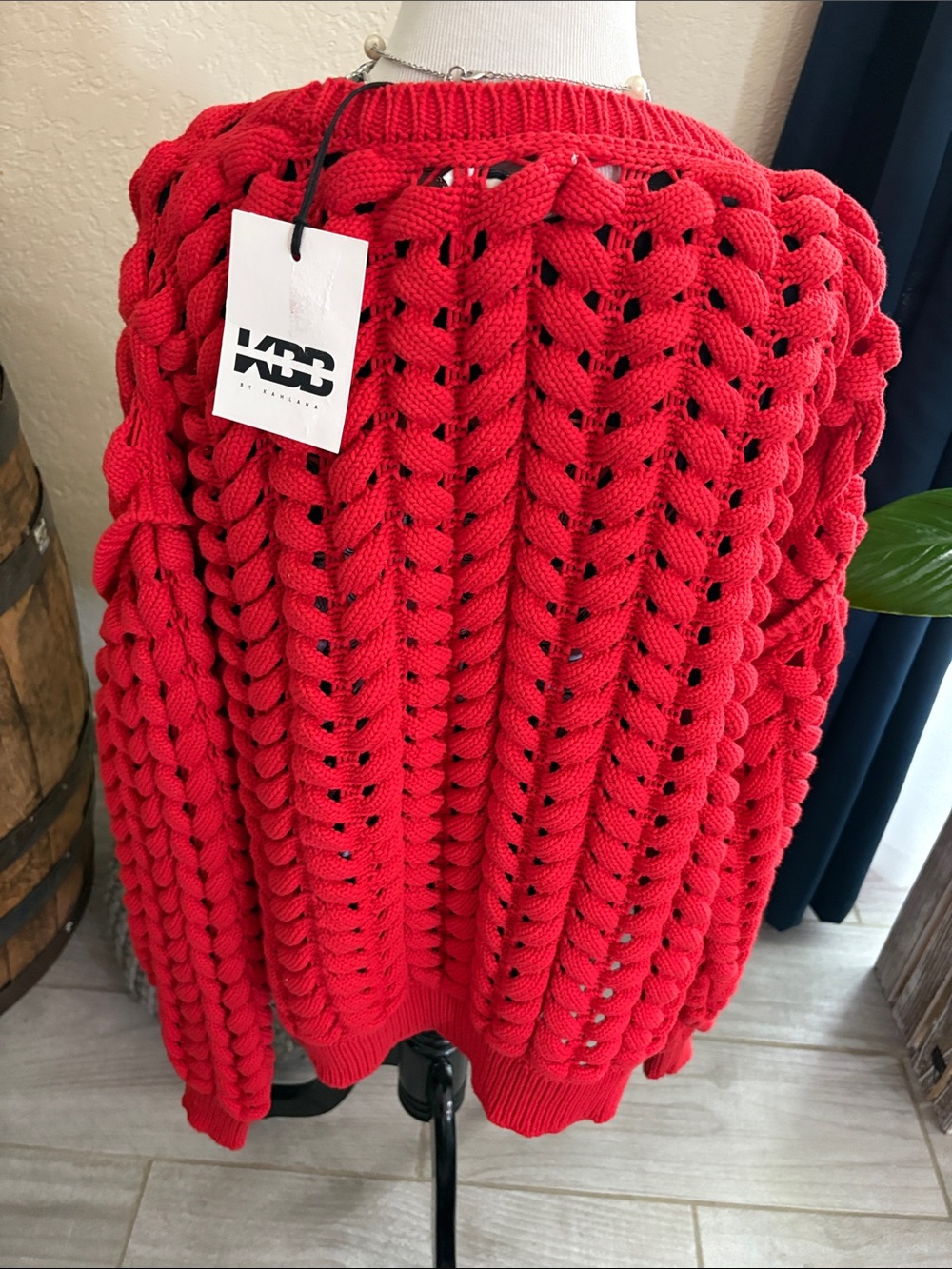Open-Knit Crewneck Sweater in Red - Picture 3 of 8